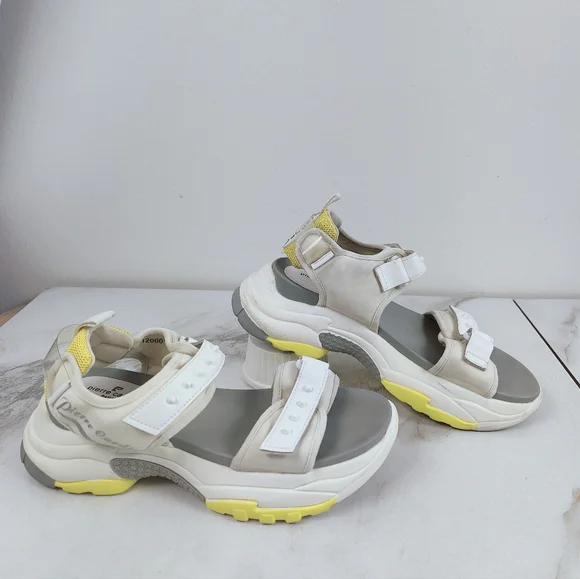 Pierre Cardin White Gray Yellow Chunky Platform Sporty Ankle Strap Sandals, 8.5 - Picture 2 of 9